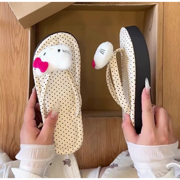 Cartoon plush decorative flip-flops, retro polka dot non-slip soft-soled sandals, multiple colors available.