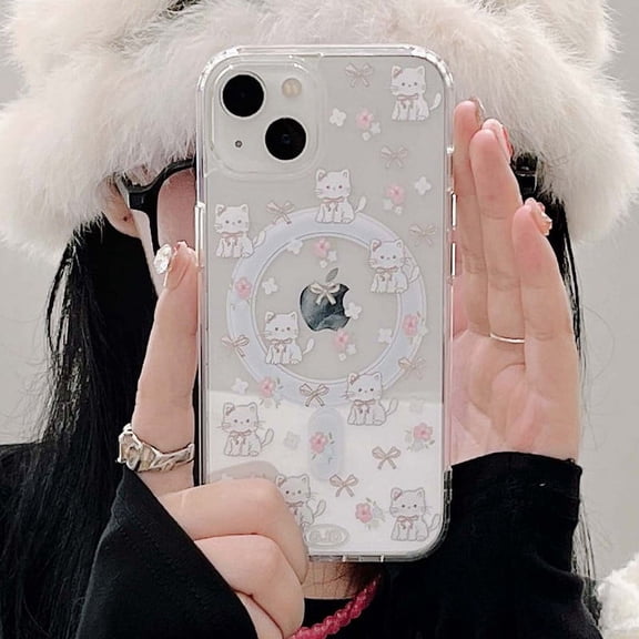 Cartoon shell for iPhone 11 15 Pro Max 12 13 14 Promax ins cover cute cat pink magnetic phone case flower bow cover