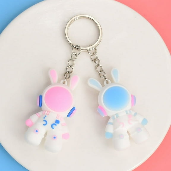 Cartoon space rabbit key chain 3D three-dimensional soft rubber doll bag ornaments astronaut car key chain small gift - Pink
