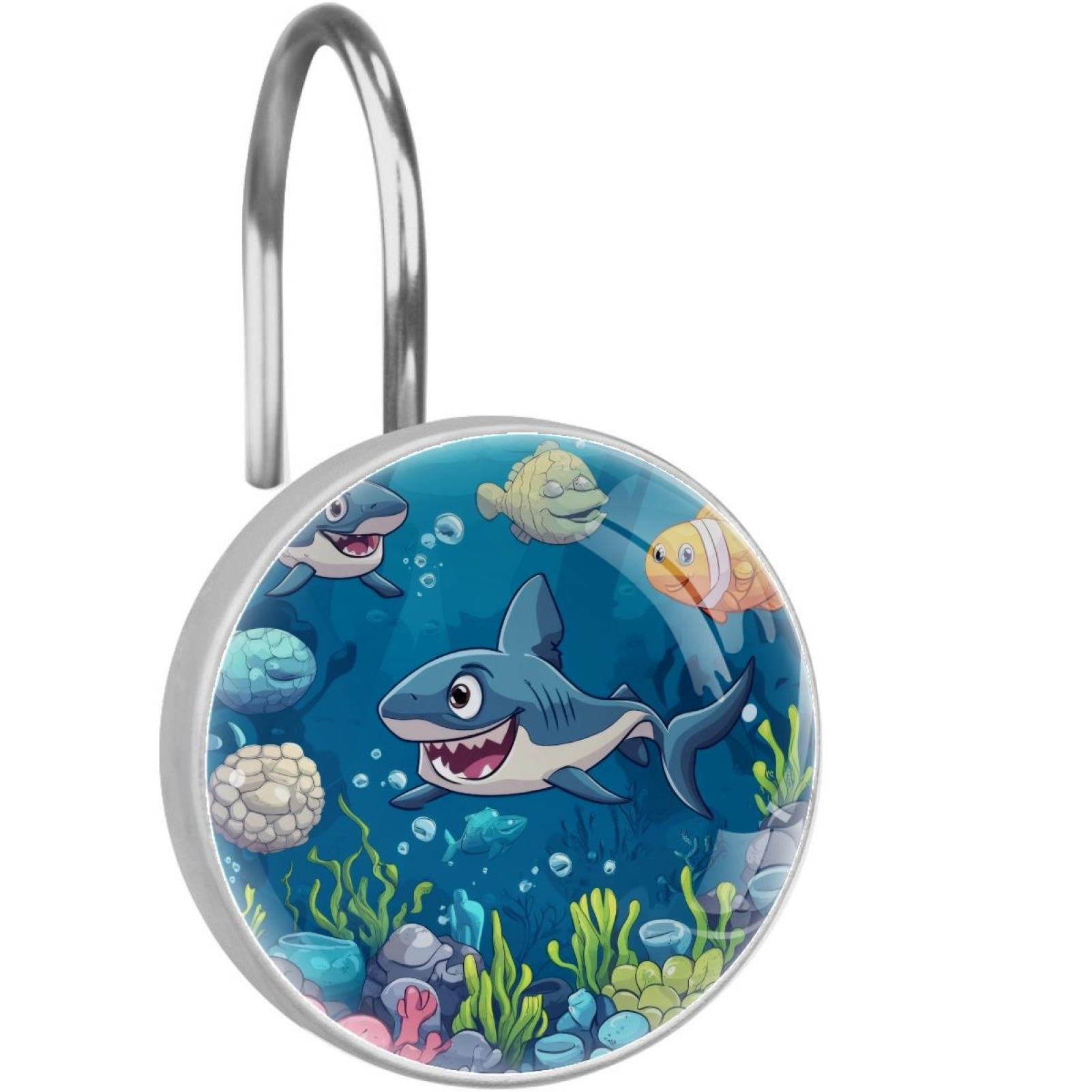 Cartoon under Sea Shark Fish Shower Curtain Hooks Round Crystal Glass, Set of 12 Shower Curtain Rings - Shower Hooks for Curtain Shower Rings