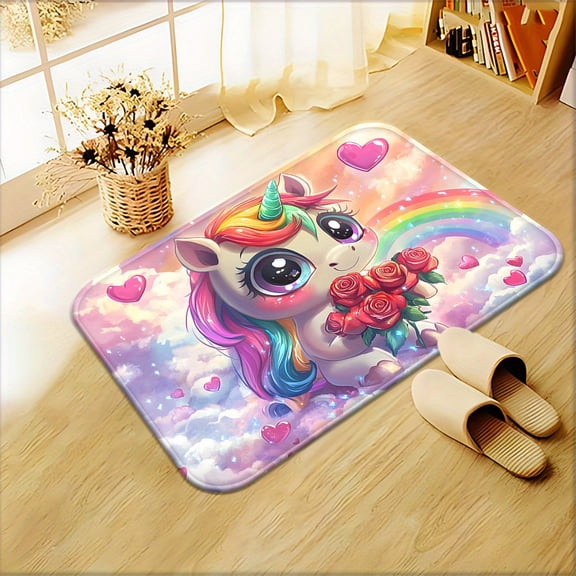 Cartoon unicorn, red rose, heart, and rainbow pattern high-definition printed doormat, non-slip bathroom mat, suitable for bedroom, living room entrance mat, camping picnic mat, yoga mat.