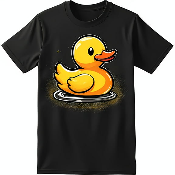 Cartoonish Yellow Rubber Ducky Graphic on Black T-Shirt Fun & Unique Design