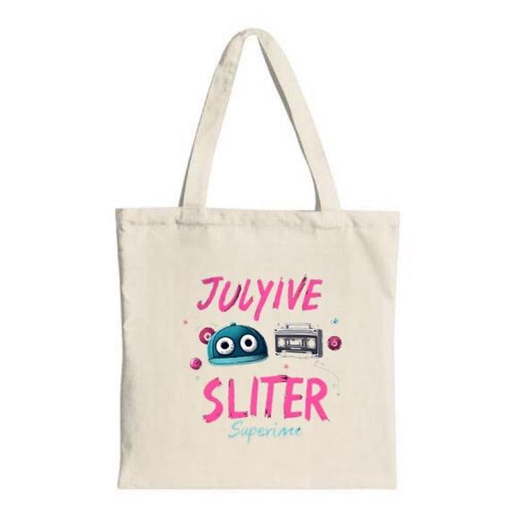 Cartoonish blue creature with large eyes and retro cassette tape design bold " JULY LIVE SLITER " text stars & bubbles