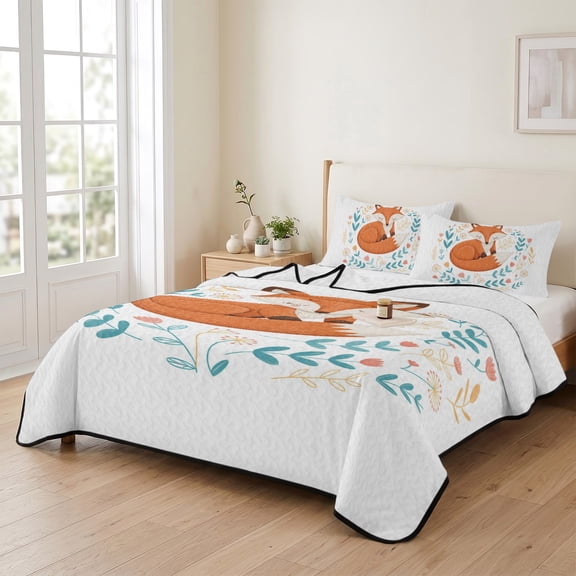 Cartoons Animal Patterns Foxes 3 Pieces Quilt Set,1 Quilt with 2 Shams,Farm Flowers Plants Bedspread Soft Lightweight Bedding Coverlet Comforter Set for All Season 90"x96"
