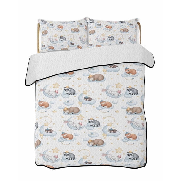 Cartoons Animals 3 Piece Quilt Bedding Set with 2 Pillow Shams, Watercolor Fox Sleeping Raccoons Cute Rabbit Lightweight Bedspread Coverlet, Soft Breathable All Season Quilt, 96 x 106 Inch