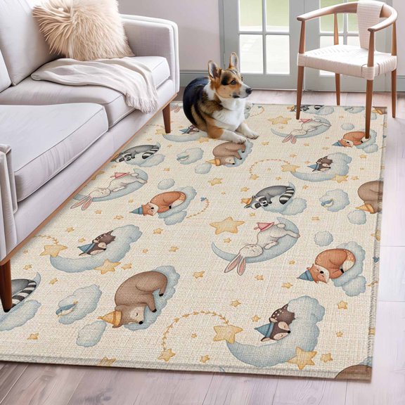 Cartoons Animals Area Rugs 4x6 ft Watercolor Fox Sleeping Raccoon Cute Rabbit Washable Rug Non Slip Indoor Carpet Absorbent Floor Mat for Living Room Bedroom Dining Room