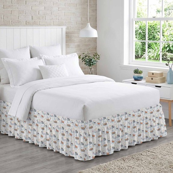 Cartoons Animals Bed Skirt Queen Size 18 Inch Drop, Watercolor Fox Sleeping Raccoons Cute Rabbit Adjustable Elastic Dust Ruffles Bedskirt for Queen Bed Wrap Around Pleated Mattress Frame Cover