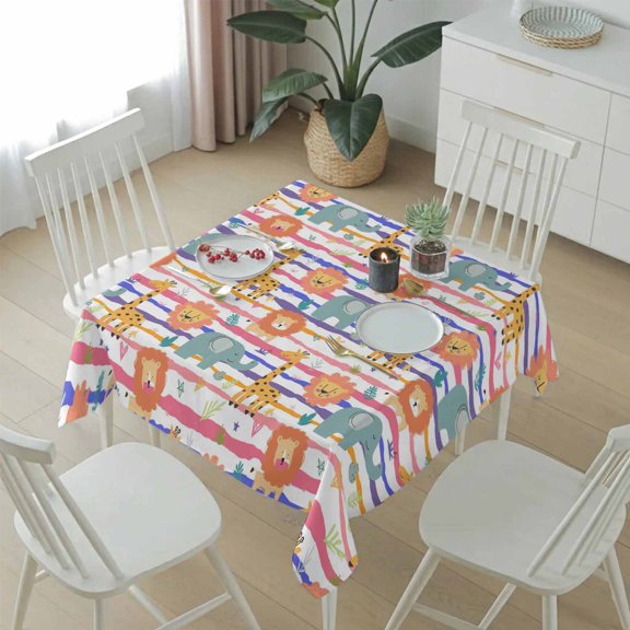 Cartoons Animals Giraffes Elephant Table Cloth 54x54in, Waterproof Square Tablecloth Wipeable Tablecloths Geometric Striped Table Covers for Dining Tables Party Indoor Outdoor