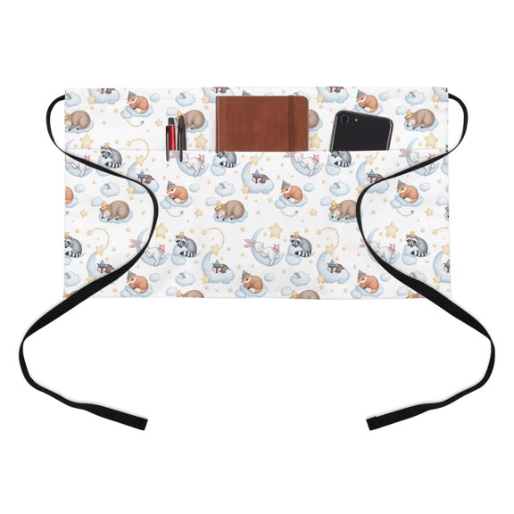 Cartoons Animals Half Waist Apron Watercolor Fox Sleeping Raccoons Cute Rabbit Short Waiter Aprons with 3 Pockets for Women Men Kitchen Restaurant Cooking
