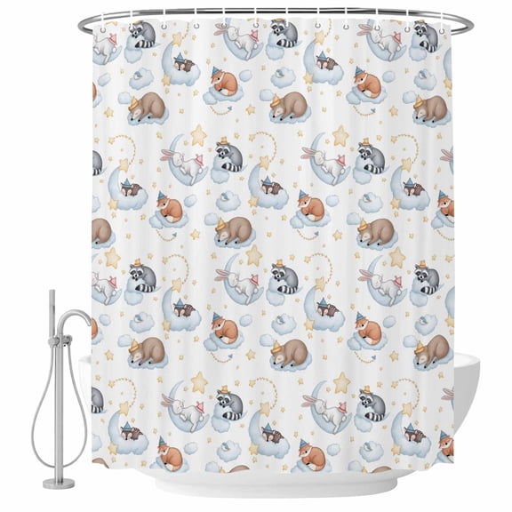 Cartoons Animals Shower Curtain for Bathroom, Watercolor Fox Sleeping Raccoons Cute Rabbit Waterproof Cloth Fabric Bathroom Accessories Set with 12 Rust Proof Plastic Hooks, 72"x78"