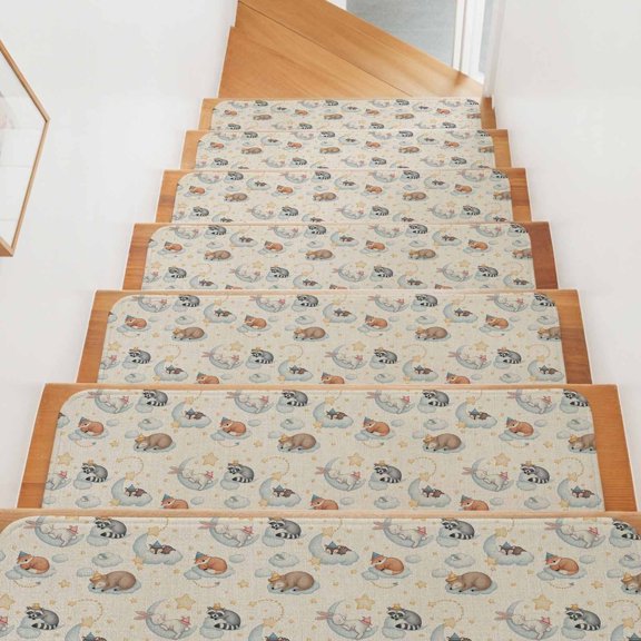 Cartoons Animals Stair Treads Non Slip for Steps Watercolor Fox Sleeping Raccoon Cute Rabbit 4 Pcs Reusable Adhesive Stair Runner Mats for Dogs Elders Carpet Treads Rugs for Staircase 8x30 In