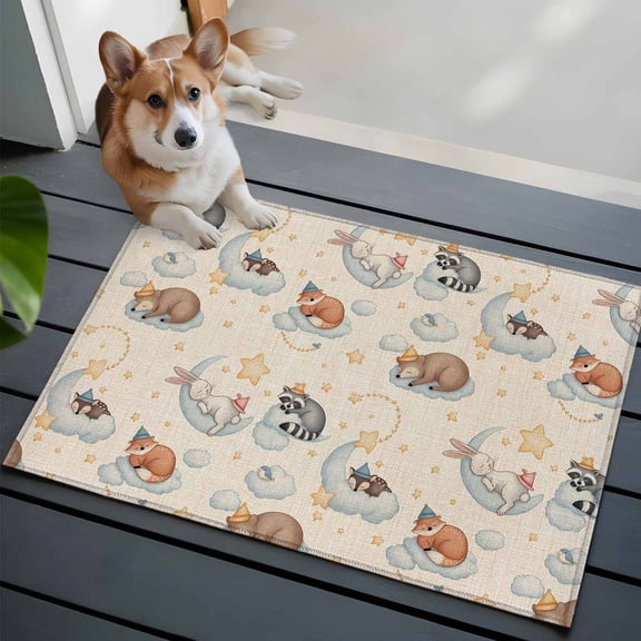Cartoons Animals Washable Entry Rug 2x3 Watercolor Fox Sleeping Raccoon Cute Rabbit Low Pile Indoor Door Mat with Rubber Backing Thin Area Rug for for Entrance, Bedroom, Kitchen, Laundry, Bathroom