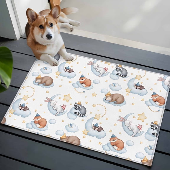 Cartoons Animals Washable Entry Rug 2x3 Watercolor Fox Sleeping Raccoons Cute Rabbit Low Pile Indoor Door Mat with Rubber Backing Thin Area Rug for for Entrance, Bedroom, Kitchen, Laundry, Bathroom