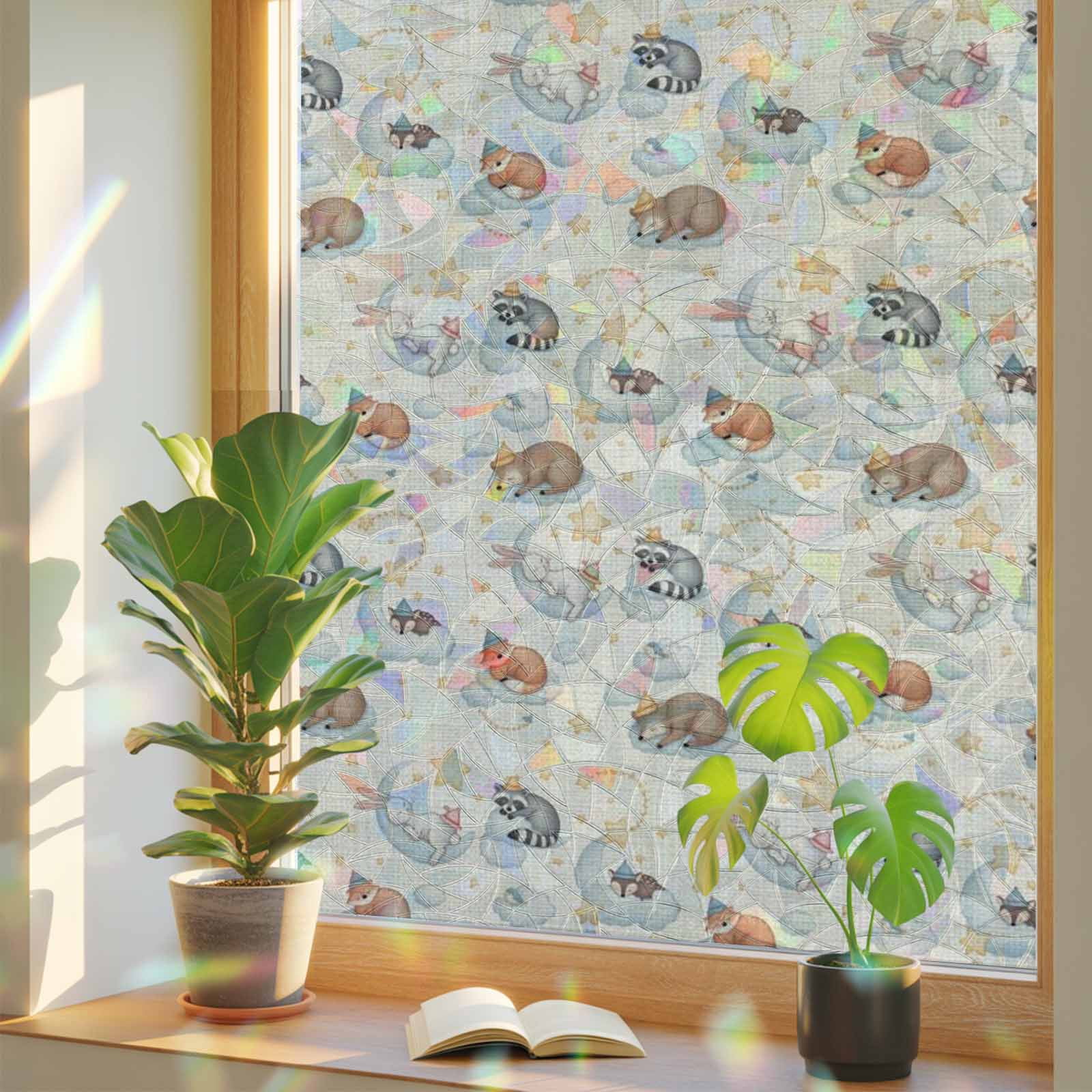 Cartoons Animals Window Privacy Film, Watercolor Fox Sleeping Raccoon ...