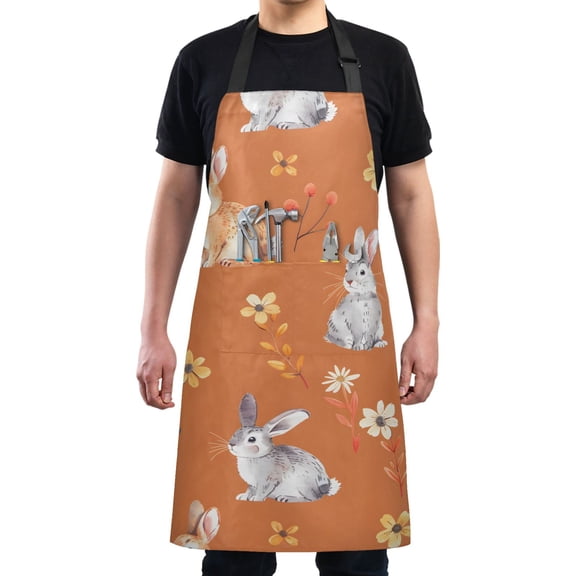 Cartoons Bunny Rabbit and Flower Kitchen Apron with 2 Pockets Adjustable waterproof Cooking Aprons for Women Men Chef