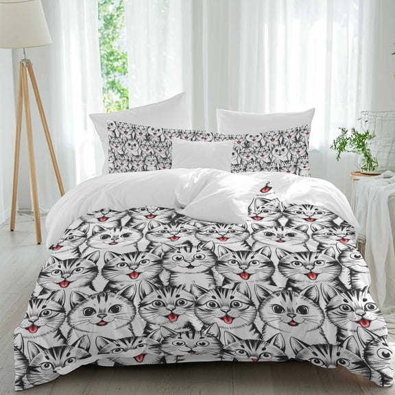 Cartoons Cat Comforter Set Queen Size, Abstract Cute Cat Lines Animal Soft Bedding Set for Man Woman, 4 Pieces Duvet Cover Set with Fitted Sheet, 2 Pillowcases
