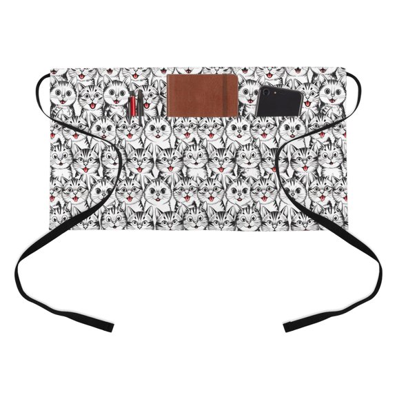 Cartoons Cat Kitchen Restaurant Half Waist Apron, Abstract Cute Cat Lines Animal Server Short Apron with 3 Pockets Waterproof Oil Waist Aprons for Women Waitress Waiter