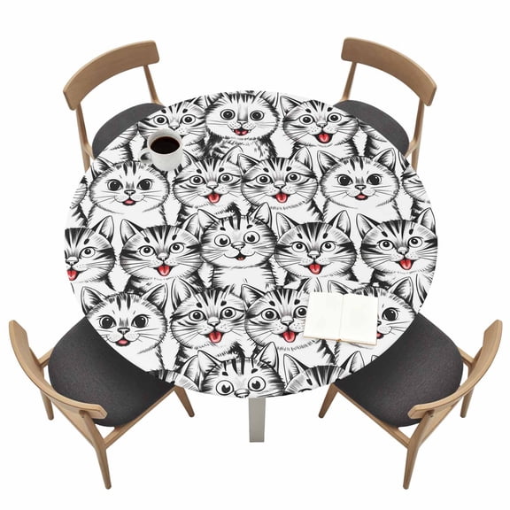 Cartoons Cat Round Fitted Tablecloth with Elastic Edge Abstract Cute Cat Lines Animal Table Cover Fit for 45"-54" Tables Waterproof Tablecloths for Dinner Camping Picnic