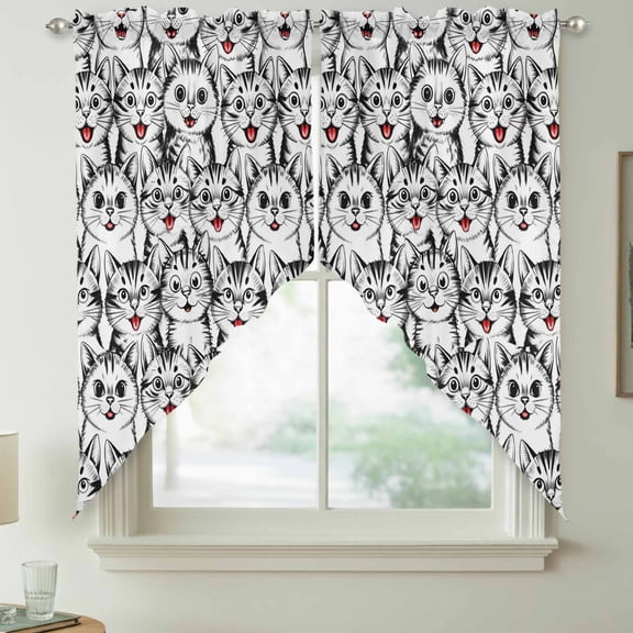 Cartoons Cat Swag Kitchen Curtain Valances, Abstract Cute Cat Lines Animal Rod Pocket Curtains Window Treatment Decor Valances for Bedroom Bathroom, 2 Panels 36 x 63 Inch
