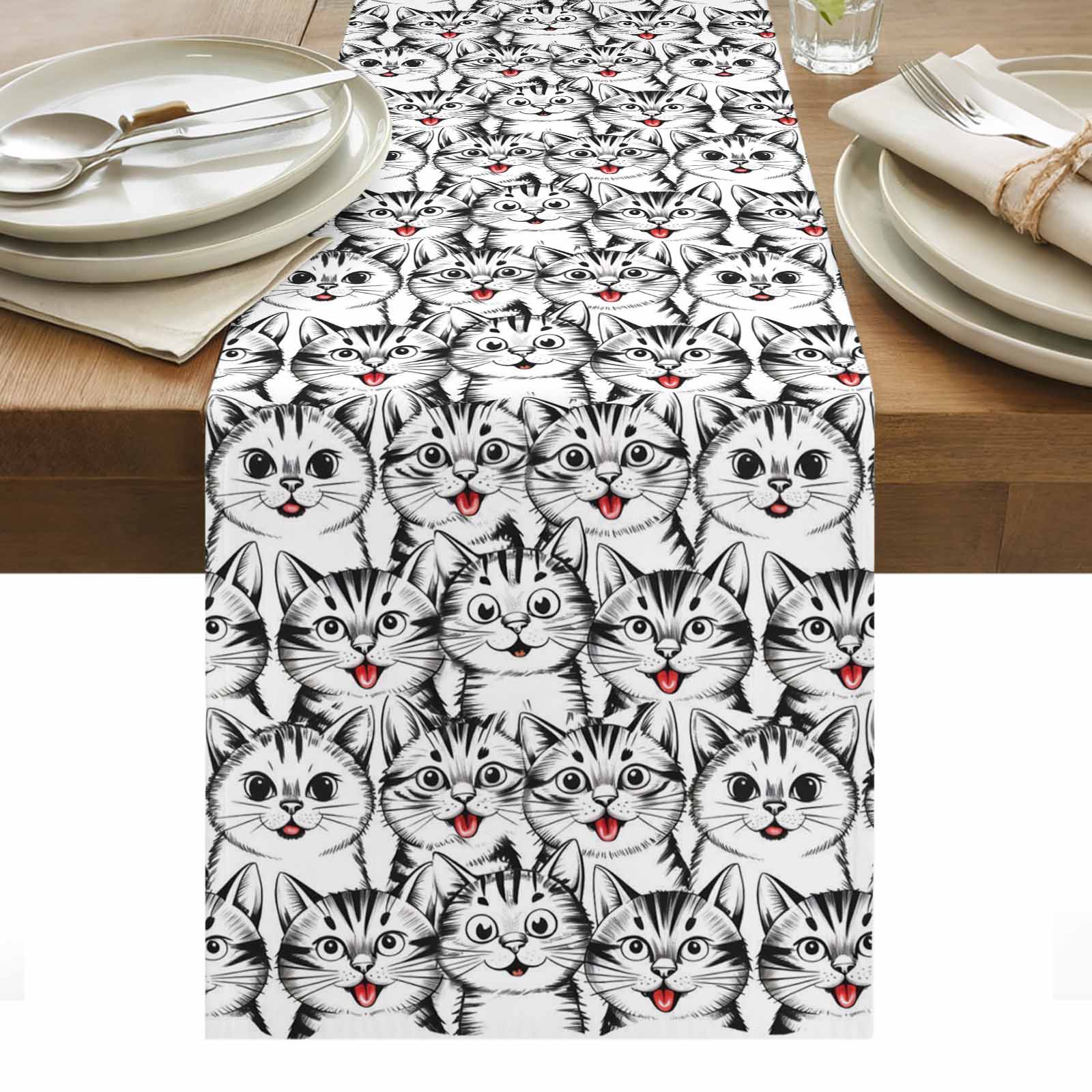Cartoons Cat Table Runner 13 x 70 Inch, Abstract Cute Cat Lines Animal ...