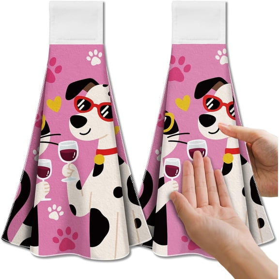 Cartoons Cat and Dog Hanging Kitchen Towels with Loop Set of 2 - Soft & Super Absorbent Microfiber Decorative Hanging Dish & Hand