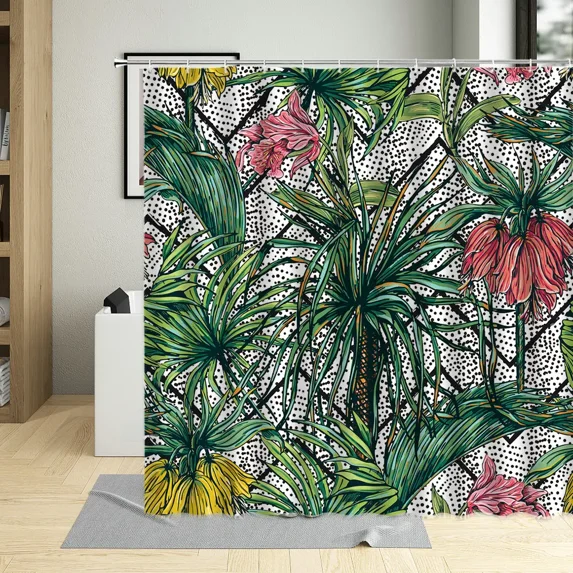 Cartoons Colorful Flower Printing Shower Curtains Green Palm Leaf Waterproof Bathroom r Polyester Fabric Curtain With