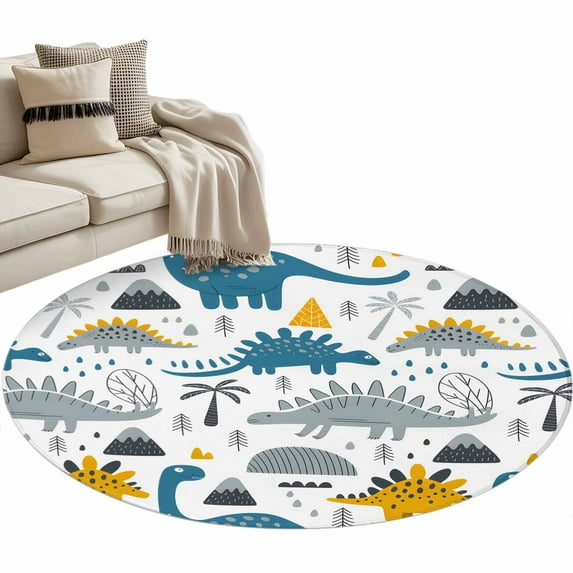 Cartoons Cute Dinosaurs Area Rug, Gray Blue Dinosaurs Animals Washable Large Circle Carpet, Non Slip Round Rug for Living Room/Bedroom/Dining Room/Home Office/Dorm