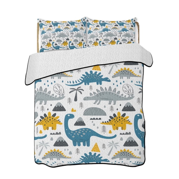 Cartoons Cute Dinosaurs Quilts Bedding Set California King Gray Blue Dinosaurs Animals Lightweight Quilted Bedspread 3 Piece Bed Quilt with 2 Pillow Shams All Season for Bedroom 96" x 106"