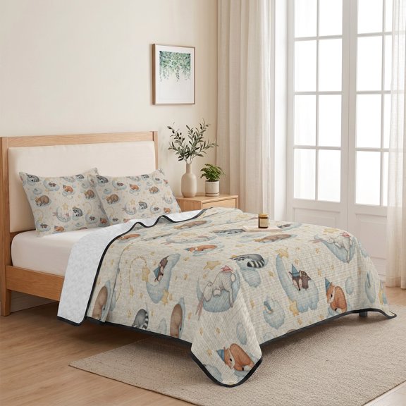 Cartoons Cute Rabbits Raccoons Foxes 3 Pieces Quilt Set,1 Quilt with 2 Shams,Vintage Animals Bedspread Soft Lightweight Bedding Coverlet Comforter Set for All Season 68"x98"