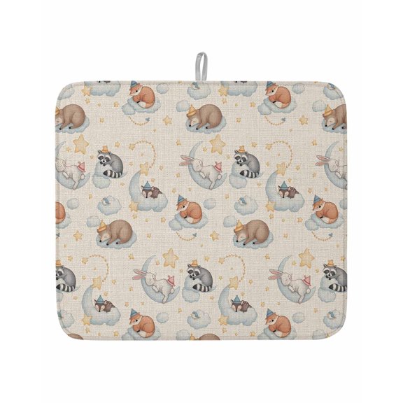 Cartoons Cute Rabbits Raccoons Foxes Dish Drying Mats for Kitchen Counter,Absorbent Microfiber Dish Drainer Rack Mat Vintage Animals Drying Pad for Sinks,Utensils,Countertops,16x18in