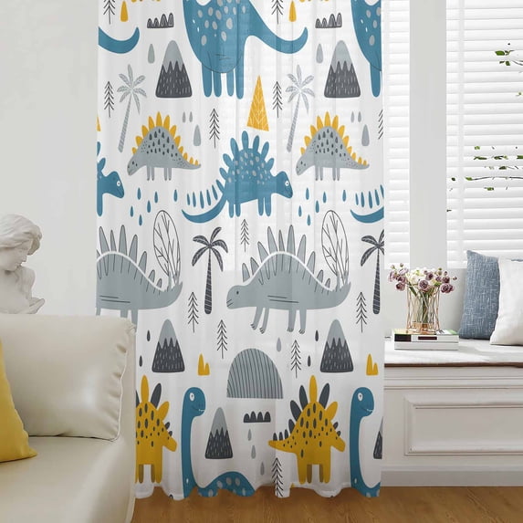 Cartoons Dinosaurs Semi Sheer Curtains Drapes for Living Room, Bedroom, French Doors Window 63 Inches Long, Cute Animals Palm Trees Mountains Rod Pocket Chiffon Curtain Drapery Voile Draperies Panel