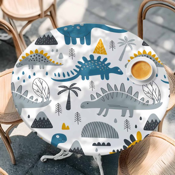 Cartoons Gray Blue Yellow Dinosaurs Round Fitted Tablecloth with Elastic Edge,Waterproof Table Cloth Fits Tables Up to 36"-44",Wipeable Washable Table Cover for Indoor Outdoor Dinning,Abstract Animal