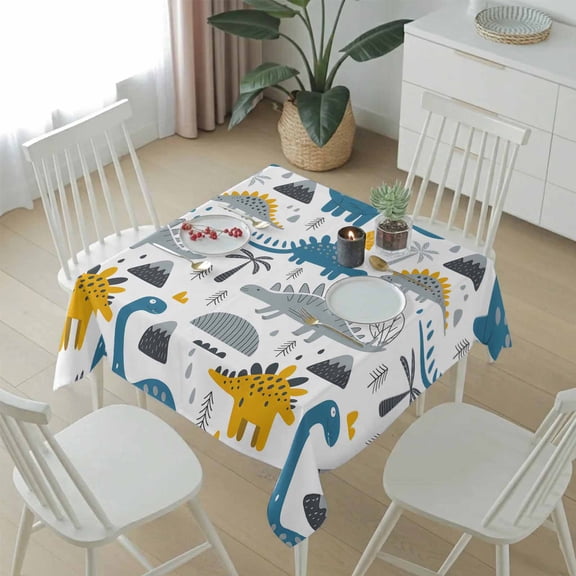 Cartoons Gray Blue Yellow Dinosaurs Table Cloth 54x54in, Waterproof Square Tablecloth Wipeable Tablecloths Abstract Animal Table Covers for Dining Tables Party Indoor Outdoor