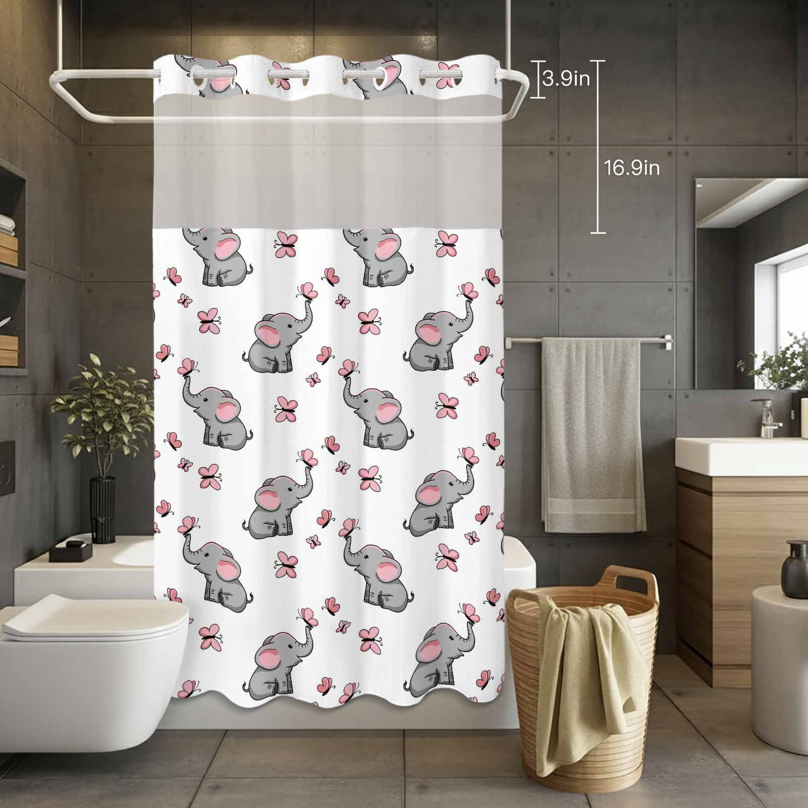 Cartoons Little Elephants No Hook Shower Curtain with Snap in Liner Set