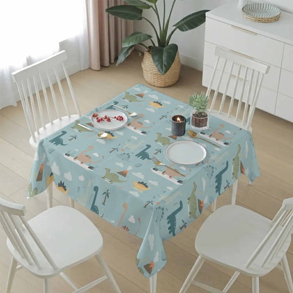 Cartoons Lovely Animals Dinosaurs Table Cloth 54x54in, Waterproof Square Tablecloth Wipeable Tablecloths Blue Background Table Covers for Dining Tables Party Indoor Outdoor