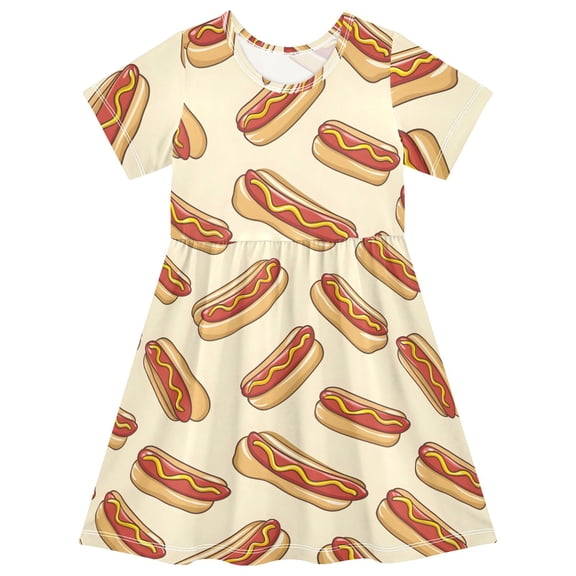 Cartoony Hotdog Short Sleeve Dress A-Line Cute Midi Casual Sundress 2-8 Years