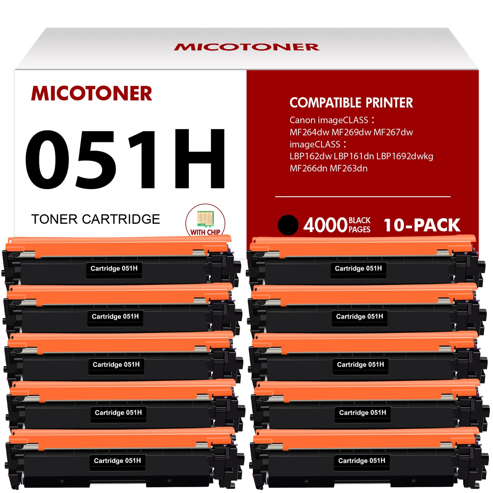 Cartridge 051H 10-Pack Compatible Toner Cartridge for Canon 051 051H imageCLASS MF264dw MF269dw MF267dw MF266dn MF263dn LBP162dw LBP161dn LBP1692dwkg Ink Printer Black