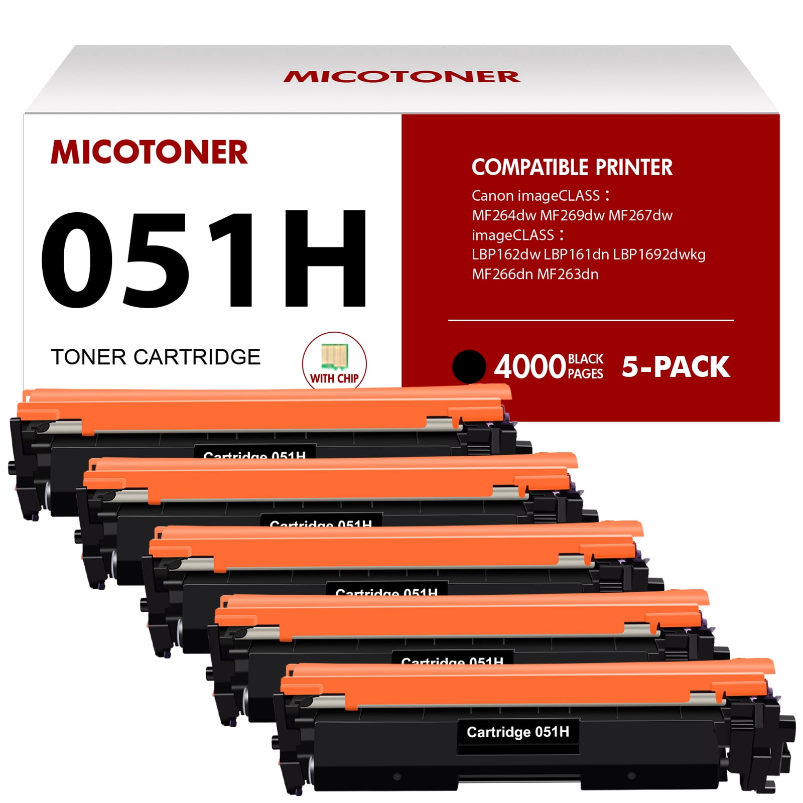 Cartridge 051H Compatible Toner Cartridge for Canon 051 051H imageCLASS MF264dw MF269dw MF267dw MF266dn MF263dn LBP162dw LBP161dn LBP1692dwkg Ink Printer Black 5-Pack