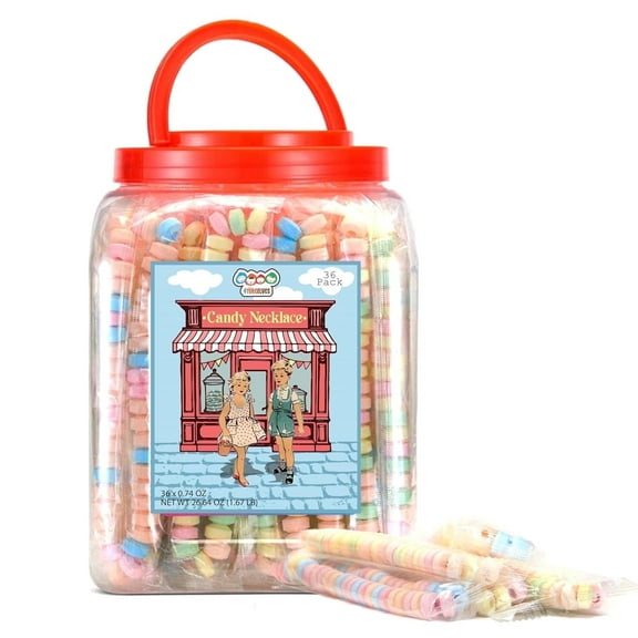 4YoreElves Candy Necklaces, 36 Count Individually Wrapped Retro Candy Tub