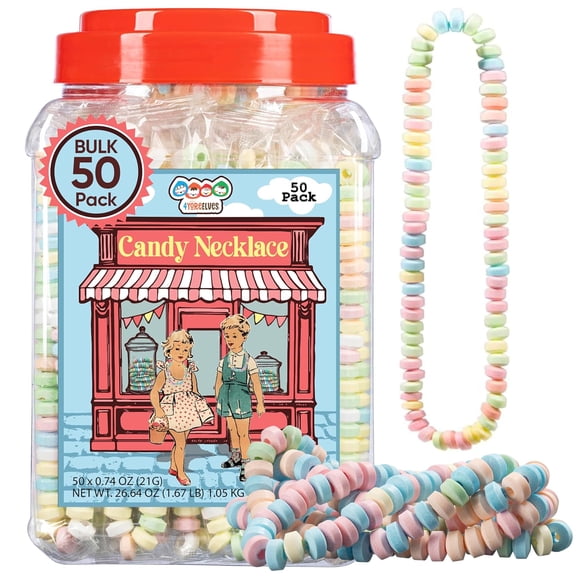 50 Count Candy Necklaces, Individually Wrapped Retro Candy Tub by 4YoreElves