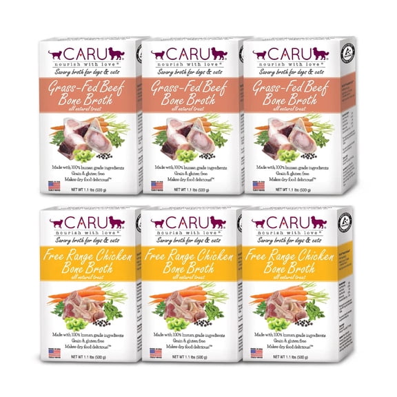 Caru - Classics Grass-Fed Beef Bone Broth and Classics Free Range Chicken Bone Broth - Healthy Functional Food Topper for Dogs & Cats - 6 Pack - Variety Pack