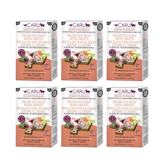 CARU - Classics Grass-Fed Beef Bone Broth - Healthy Functional Food Topper for Dogs & Cats - 1.1 lb Carton - 6 Pack