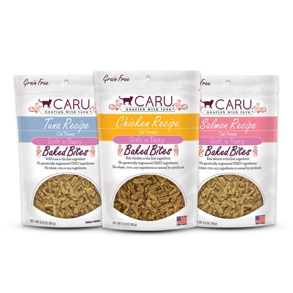 CARU - Soft n Tasty Baked Bites - Variety Pack - Tuna, Chicken and Salmon - Flavorful All-Natural Treats -3 Pack