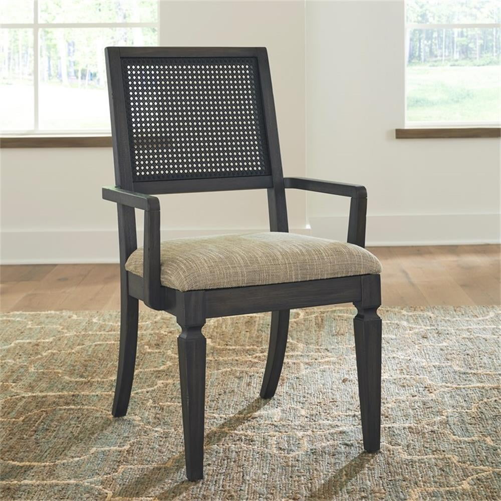 Black Upholstered Cane Back Arm Chair with Tweed Seat