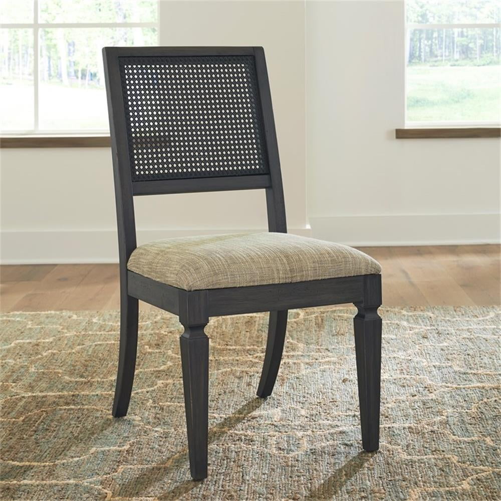 Black Upholstered Wood and Cane Side Chair