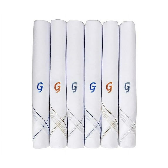 Caruso Italy Men's Initial Monogram G Embroidery 100% Pure Cotton Handkerchief White Base With Colored Border - Pack Of 6