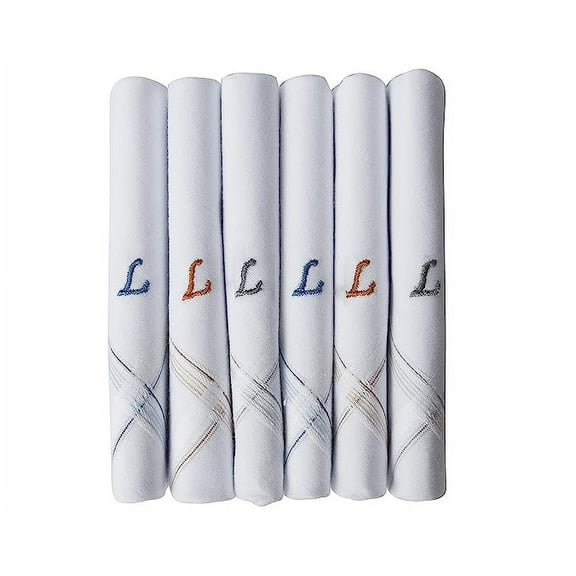 Caruso Italy Men's Initial Monogram L Embroidery 100% Pure Cotton Handkerchief White Base With Colored Border - Pack Of 6