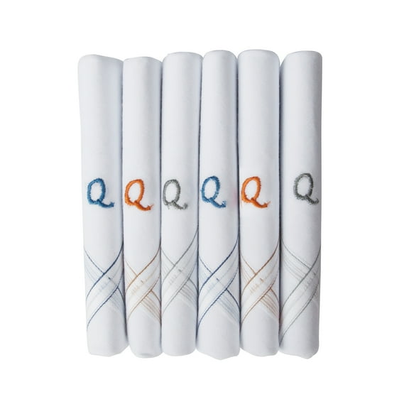 Caruso Italy Men's Initial Monogram Q Embroidery 100% Pure Cotton Handkerchief White Base With Colored Border - Pack Of 6