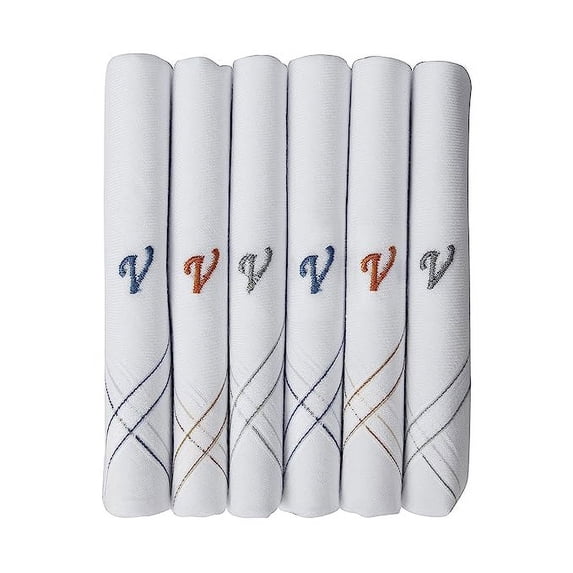 Caruso Italy Men's Initial Monogram V Embroidery 100% Pure Cotton Handkerchief White Base With Colored Border - Pack Of 6