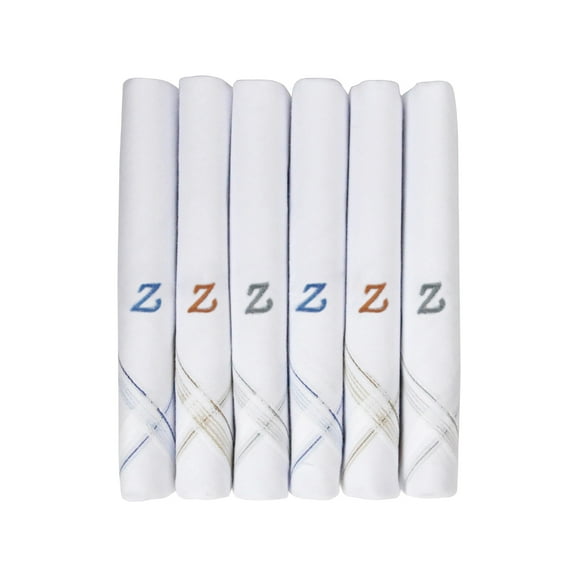 Caruso Italy Men's Initial Monogram Z Embroidery 100% Pure Cotton Handkerchief White Base With Colored Border - Pack Of 6